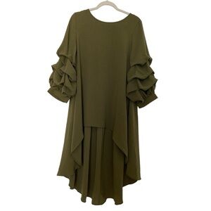 Patrizia Luca dress, olive green, size M/L. High low. Bouffant ruffled sleeves.